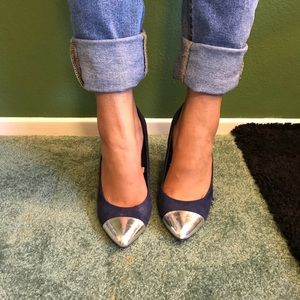 Royal blue heels with metallic cap toe